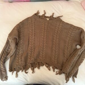 Altar'd State Brown Fringed Cable Knit Sweater